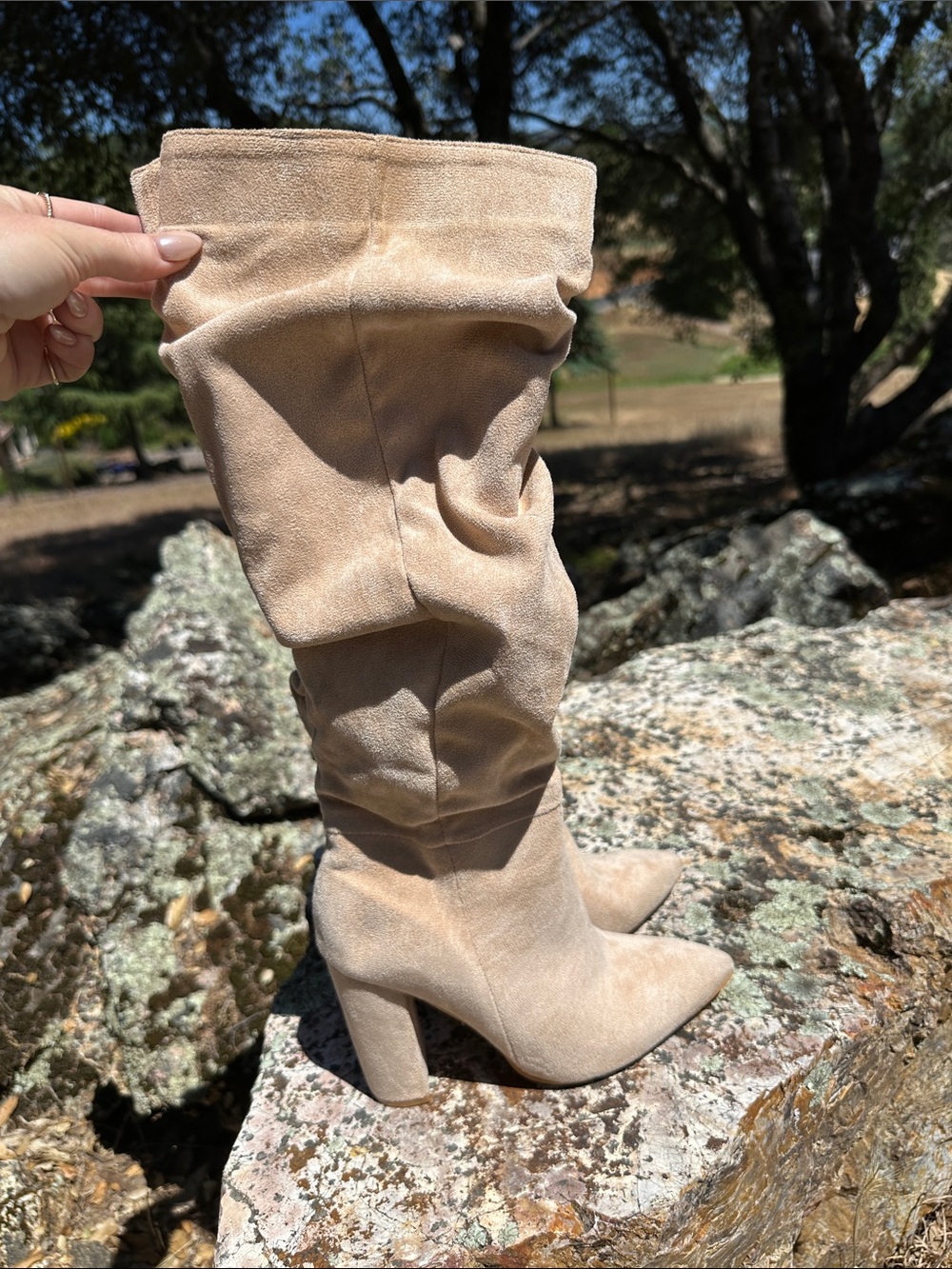 Suede Slouch Knee-High Boots in Beige